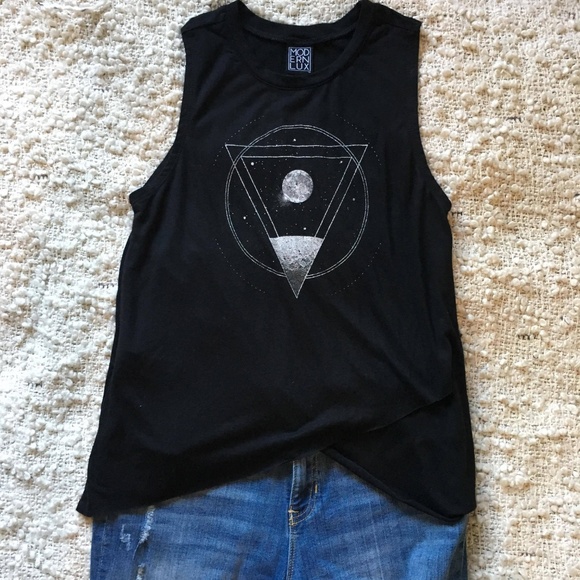 Modern Lux Tops - Modern Lux Black Moon Graphic Asymmetrical Tank XS